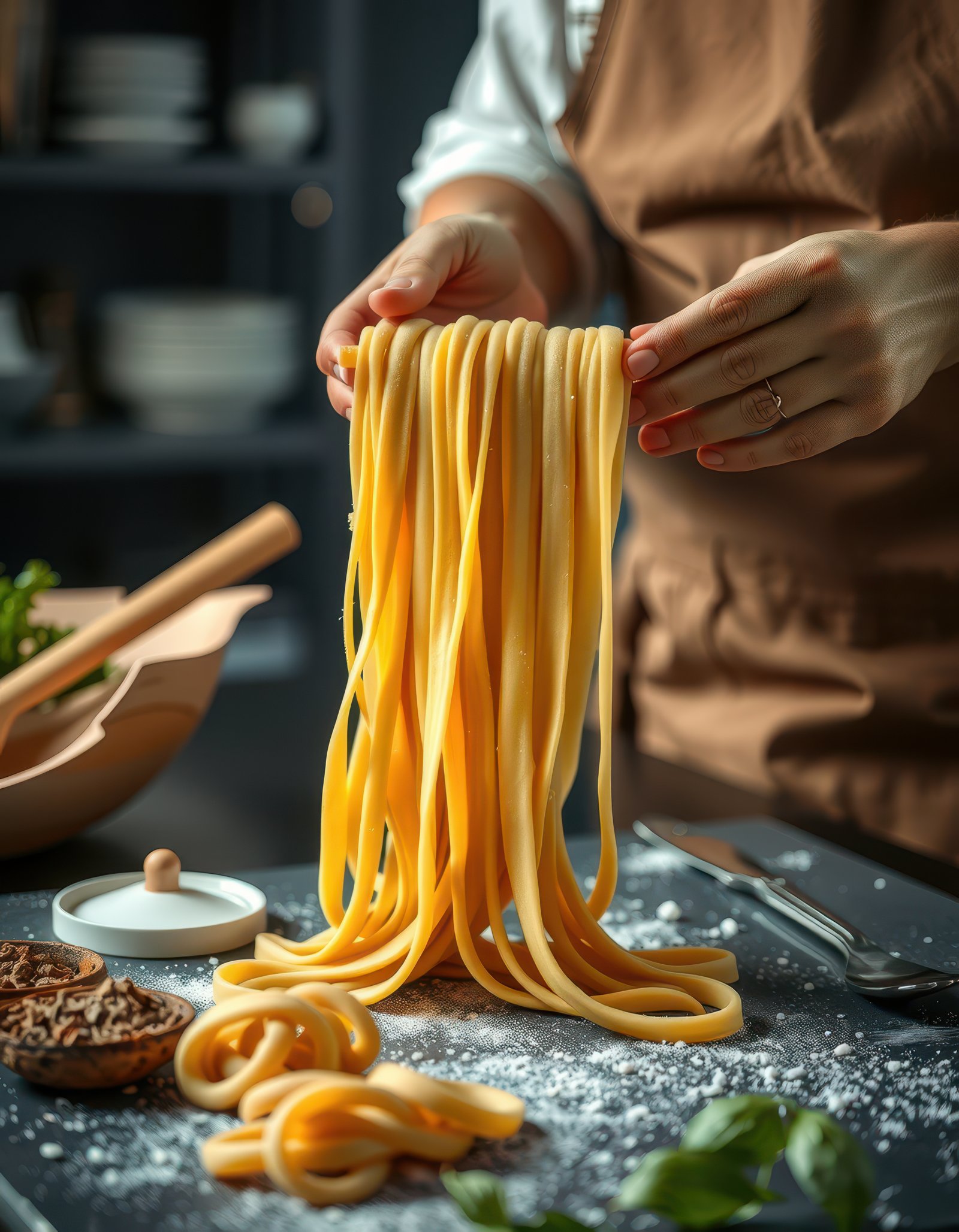 A chef is making fresh pasta in a kitchen